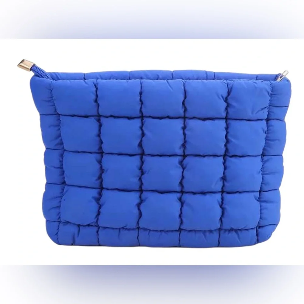 Royal Blue Quilted Puffer Makeup Case Travel ‎ Zip Pouch